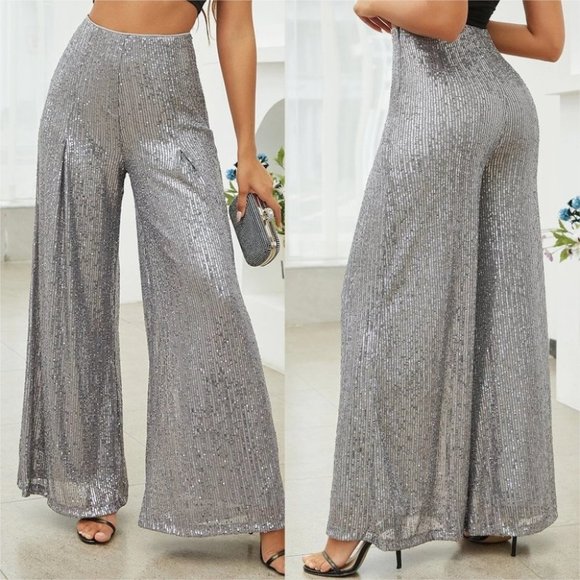 MODA ME COUTURE Pants - Silver Sequn Wide Legged Pants